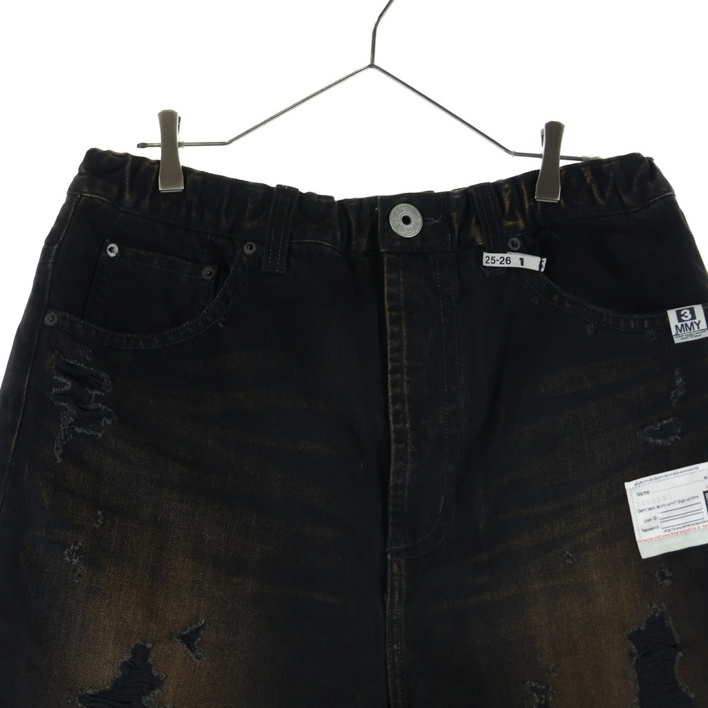 MAISON MIHARAYASUHIRO(メゾンミハラヤスヒロ) Waist Layered Denim pants ダメージ加工 ウエスト レイヤード ドッキング ジップフライ スウェット デニムパンツ ブラック A15PT023
