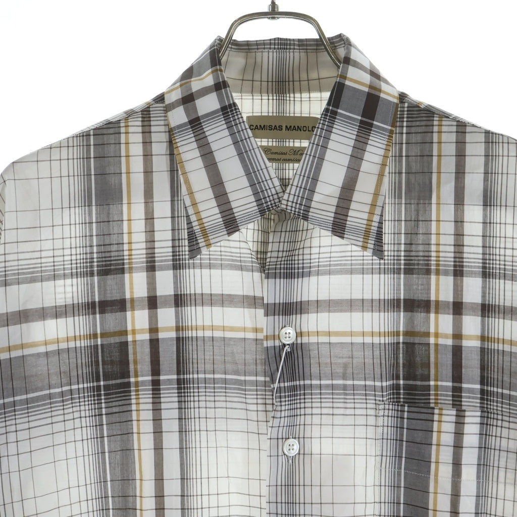 NO BRAND(ノーブランド) CAMISAS MANOLO カミサスマノロ GR CHK SSL SHIRT チェック柄 オープンカラー 半袖シャツ ホワイト/ブラウン