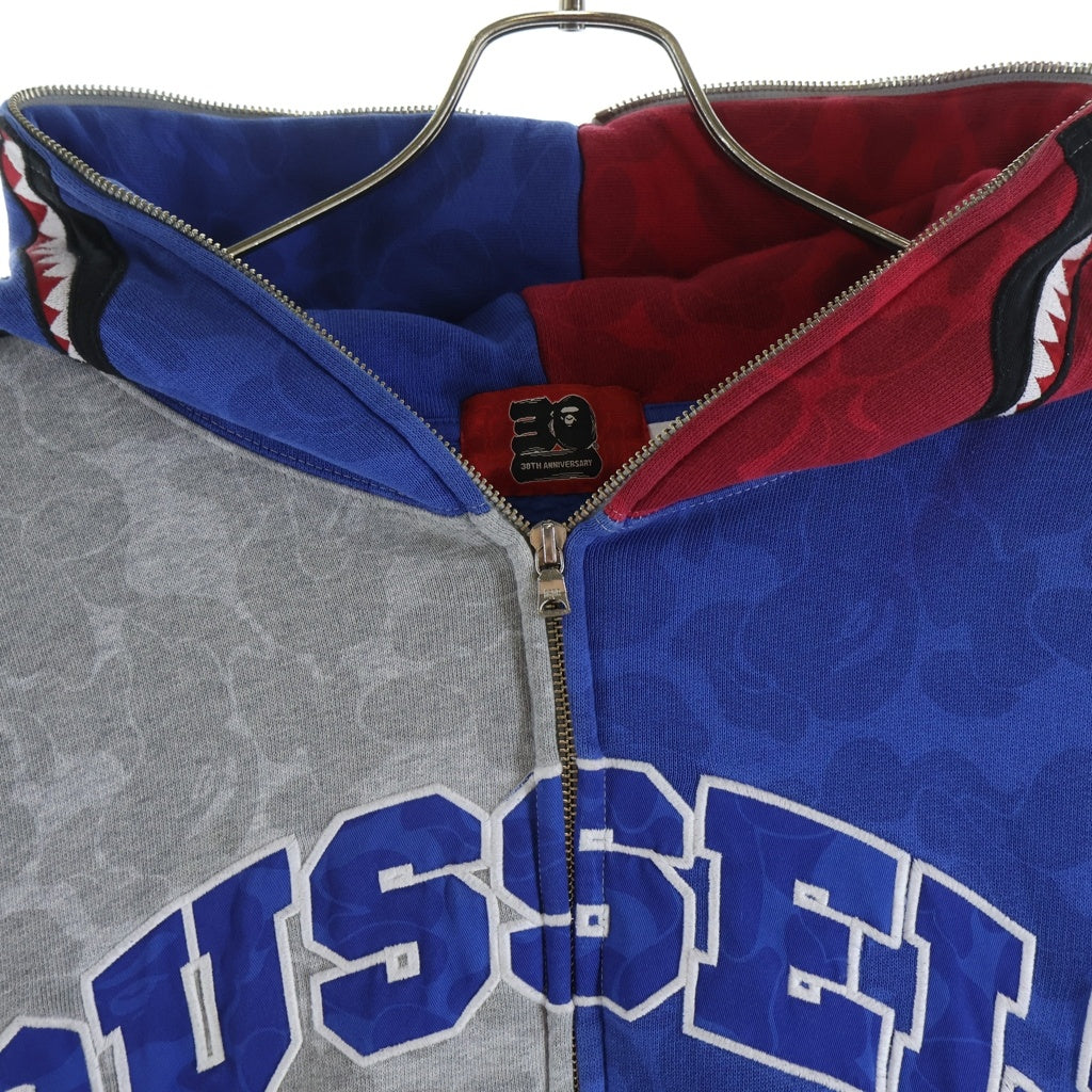 A BATHING APE(アベイシングエイプ) × RUSSEL ATHLETIC SHARK FULL ZIP HOODIE × ラッセル アスレチック ジップアップ シャーク フーディーパーカー グレー/レッド/ブルー 001ZPJ731906C