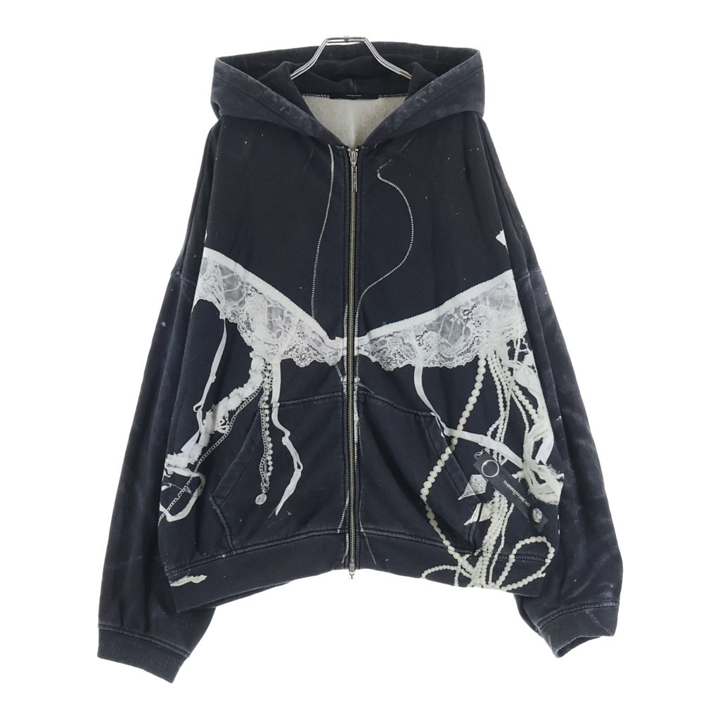 NO BRAND(ノーブランド) HEREDTHREAD print hoodie 2 toys ザレッドスレッド トロンプルイユ ジップアップ フーディー パーカー ブラック TR34702