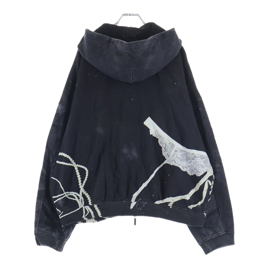 NO BRAND(ノーブランド) HEREDTHREAD print hoodie 2 toys ザレッドスレッド トロンプルイユ ジップアップ フーディー パーカー ブラック TR34702