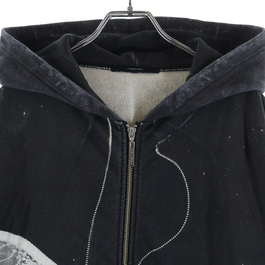 NO BRAND(ノーブランド) HEREDTHREAD print hoodie 2 toys ザレッドスレッド トロンプルイユ ジップアップ フーディー パーカー ブラック TR34702