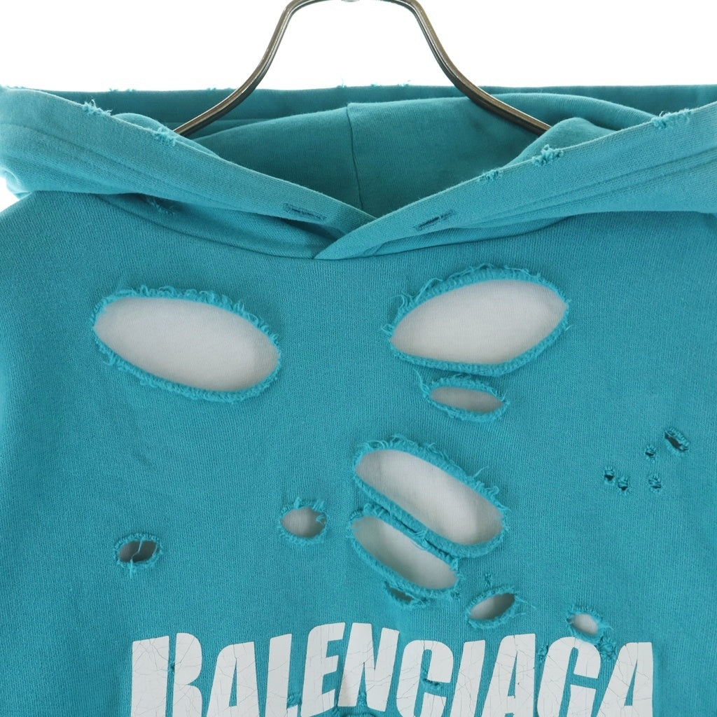 BALENCIAGA(バレンシアガ) 21SS Caps Destroyed Hoodie デストロイ加工 フロントロゴ プルオーバースウェットパーカー フーディ ブルー 659403 TKVB6