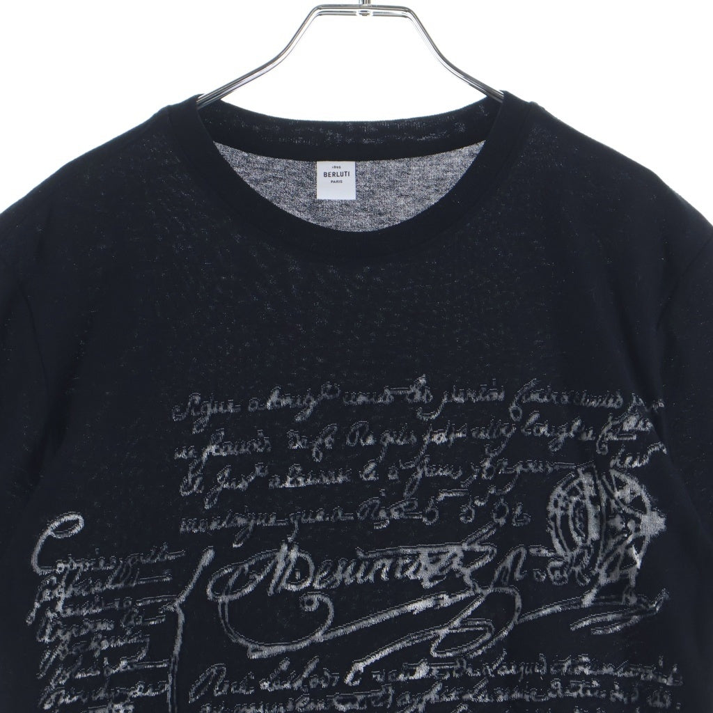 Berluti(ベルルッティ) フロントスクリット 刺繍 クルーネック 半袖Tシャツ カットソー ブラック R15JRS30JADB