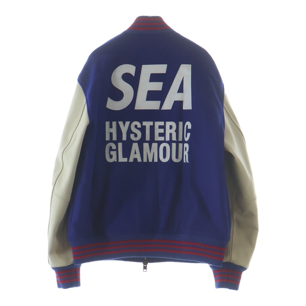HYSTERIC GLAMOUR(ヒステリックグラマー) × WIND AND SEA Stadium JacketWDS-HYS-01 ウィンダンシー アームレザー切替 ワッペン付き スタジアムジャケット ブルー/アイボリー WDS-HYS-01