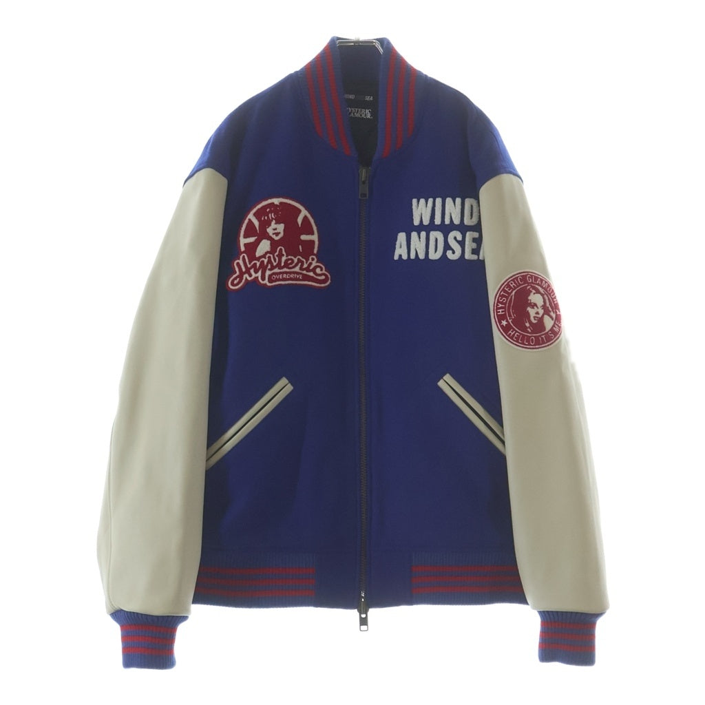 HYSTERIC GLAMOUR(ヒステリックグラマー) × WIND AND SEA Stadium JacketWDS-HYS-01 ウィンダンシー アームレザー切替 ワッペン付き スタジアムジャケット ブルー/アイボリー WDS-HYS-01