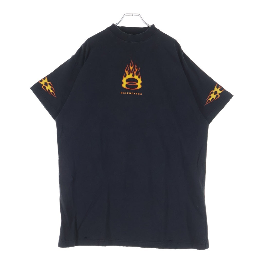 BALENCIAGA(バレンシアガ) 24SS ユーズド加工フレイムロゴオーバーサイズ半袖Tシャツ カットソー ブラック 787349 TQVW7