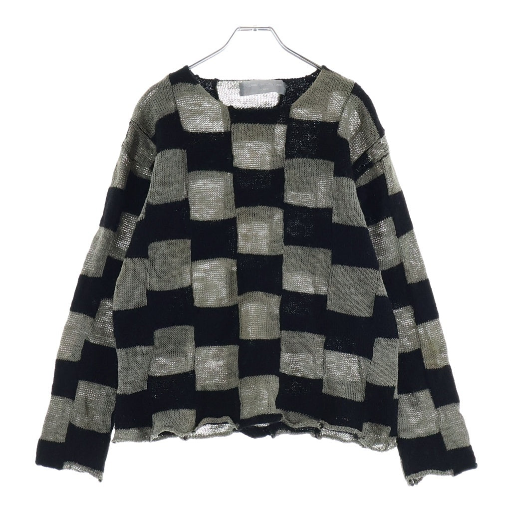 COMME des GARCONS HOMME(コムデギャルソンオム) 00SS 田中オム ブロックチェック Vネック リネン ウール ニットセーター ブラック/グレージュ HN-100180 AD1999