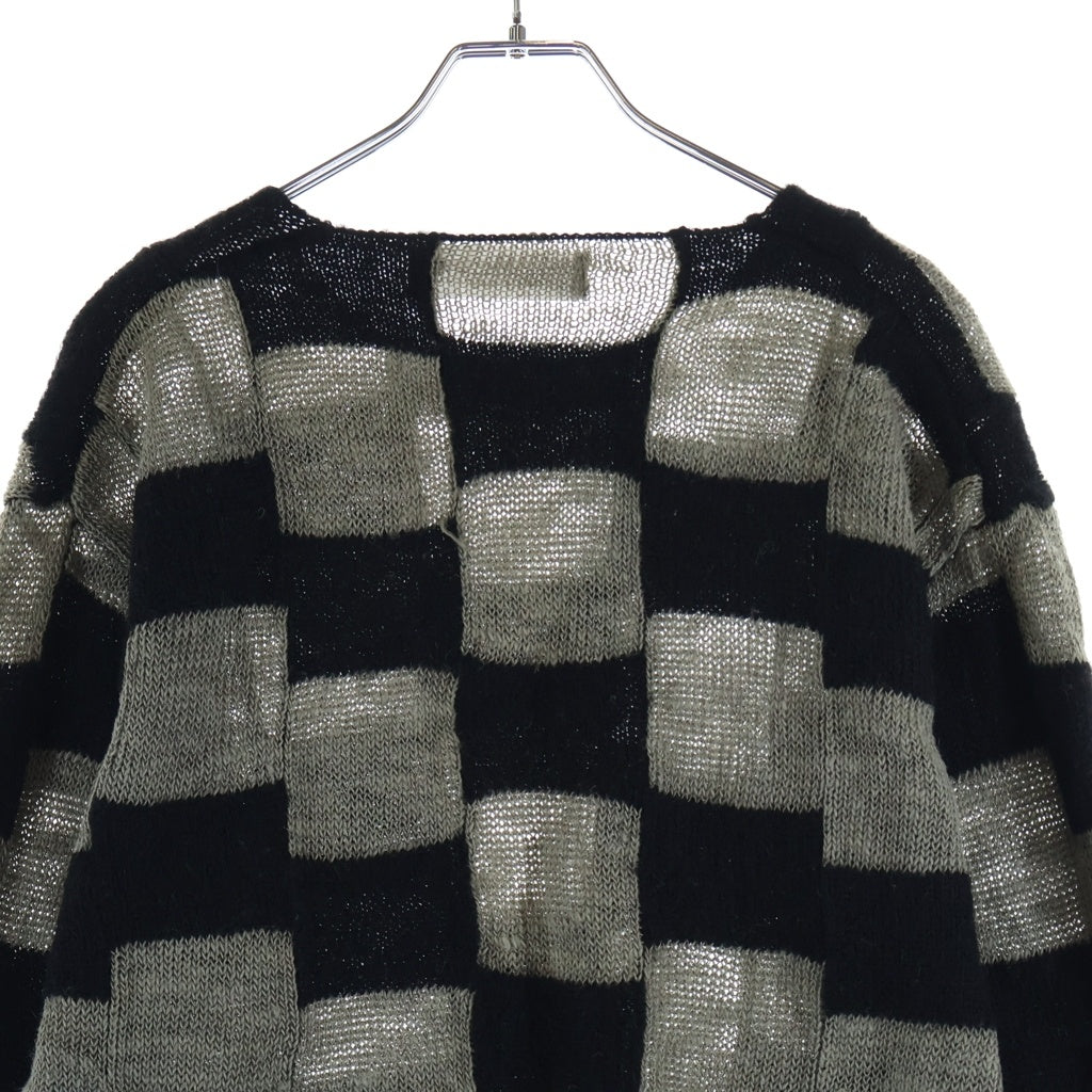 COMME des GARCONS HOMME(コムデギャルソンオム) 00SS 田中オム ブロックチェック Vネック リネン ウール ニットセーター ブラック/グレージュ HN-100180 AD1999
