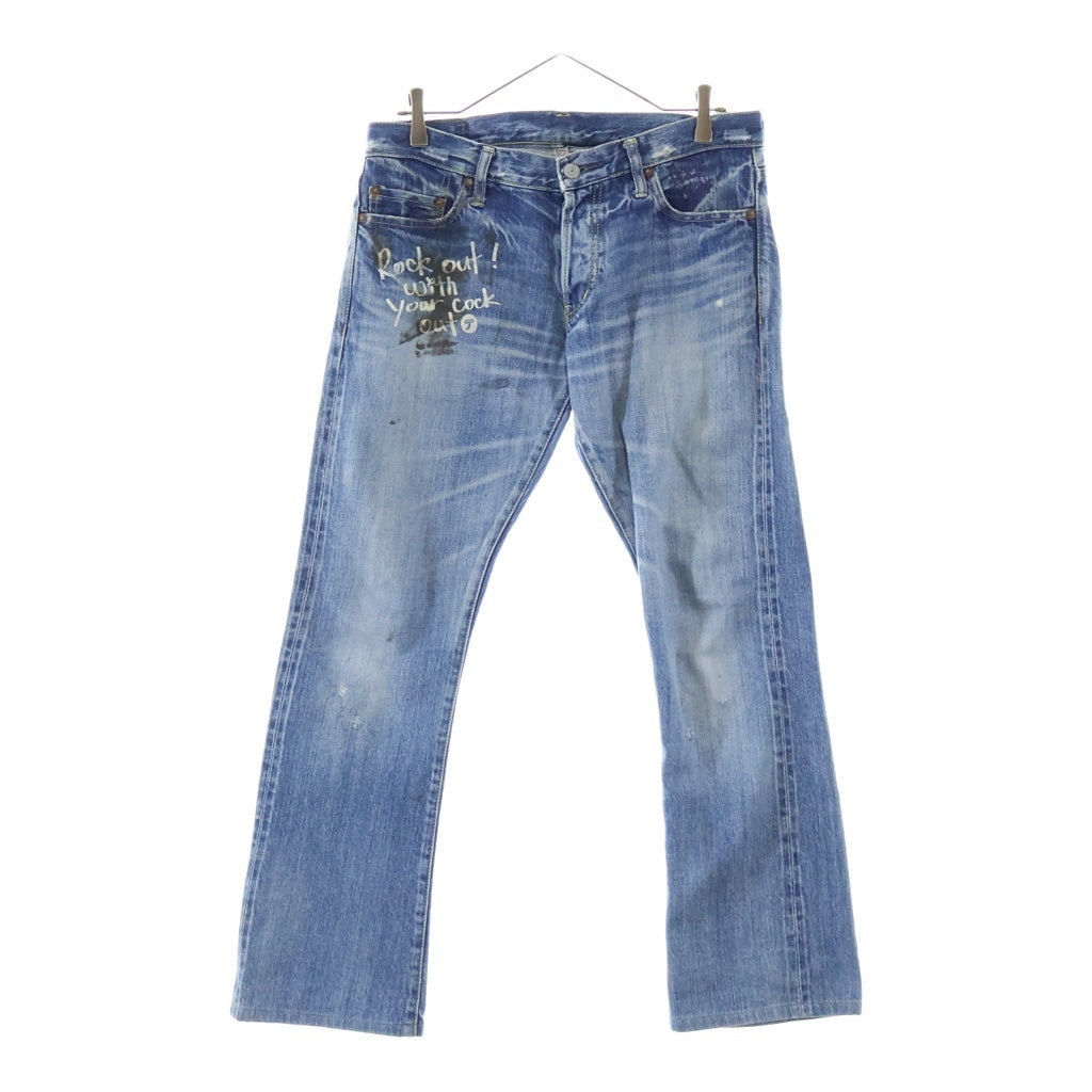HYSTERIC GLAMOUR(ヒステリックグラマー) 300本限定 Rock Out プリント加工 ブーツカット デニムパンツ インディゴ 5AP-0392