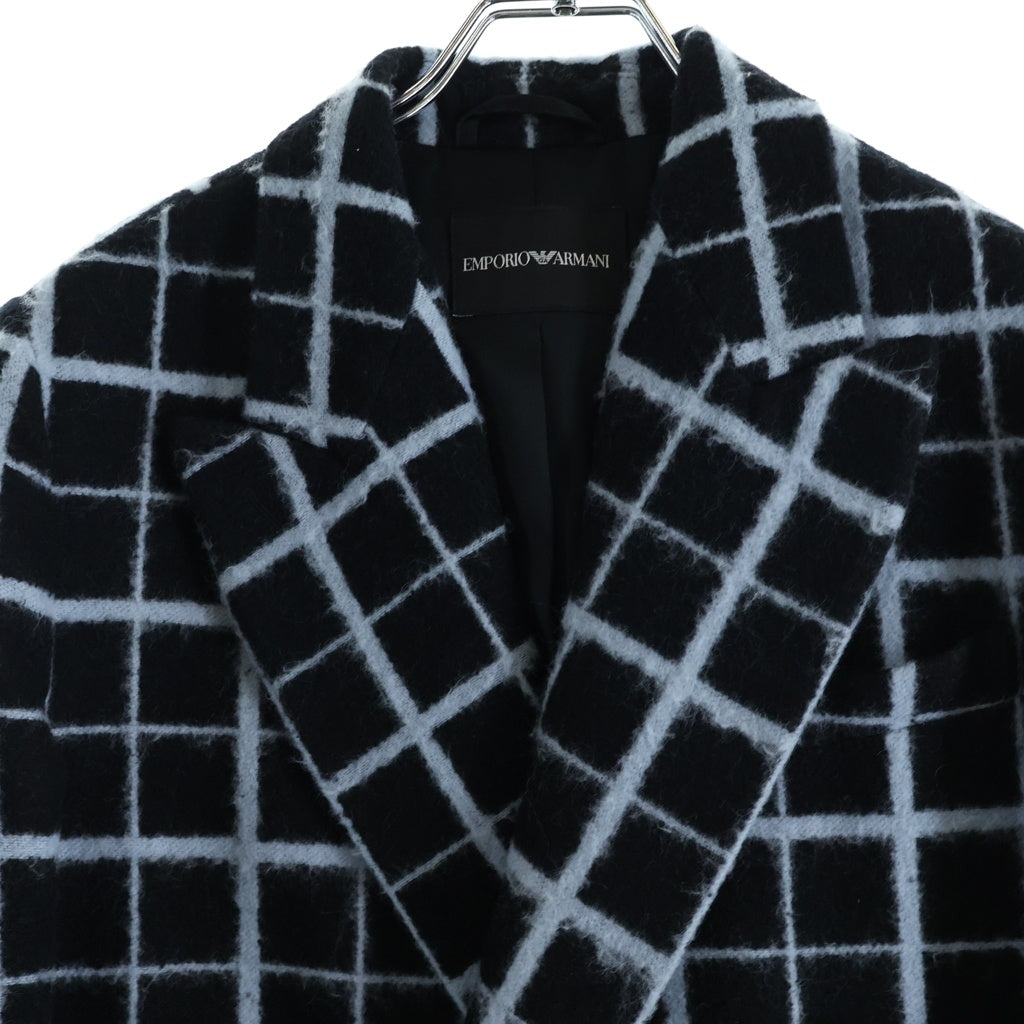 EMPORIO ARMANI(エンポリオアルマーニ) ピークドラペル チェック柄 ラナウール混 ダブルテーラードジャケット コート ブラック/ブルー 1NG53T 12704