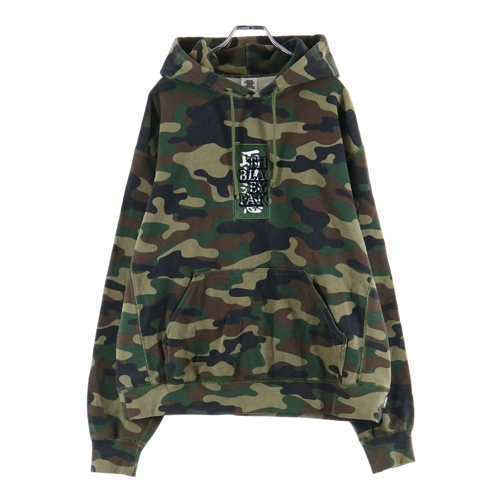 THE BLACK EYE PATCH(ブラックアイパッチ) Camouflage HWC Label Hoodie カモフラージュ総柄 フロント取扱注意ロゴ 刺繍 プルオーバー パーカーフーディー カーキ