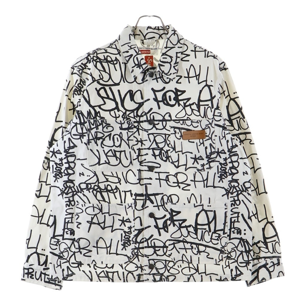 SUPREME(シュプリーム) 18AW ×COMME des GARCONS SHIRT Printed Canvas Chore Coat コムデギャルソンシャツ 総柄プリント キャンバス カバーオール デニムジャケット ホワイト