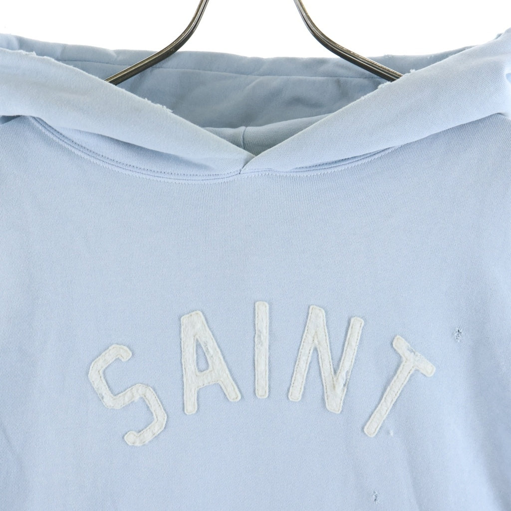 SAINT MICHAEL(セントマイケル) 22AW HOLY RELICS FELT HOODIE ヴィンテージ加工 フェルトロゴ フーディー プルオーバー スウェットパーカー ライトブルー SM-A22-0000-022