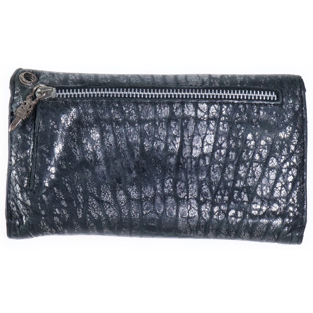 CHROME HEARTS(クロムハーツ) WAVE ウェーブ メタリックシボ加工 フレアボタン レザーウォレット 財布 ブラック/シルバー