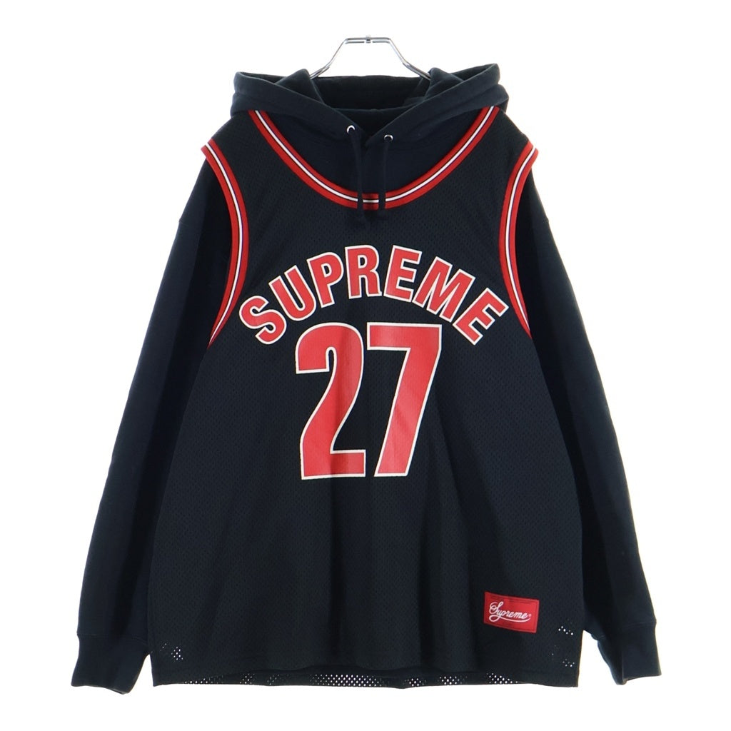 SUPREME(シュプリーム) 21SS Basketball Jersey Hooded Sweatshirt バスケットボール ジャージー フーディー プルオーバーパーカー ブラック/レッド