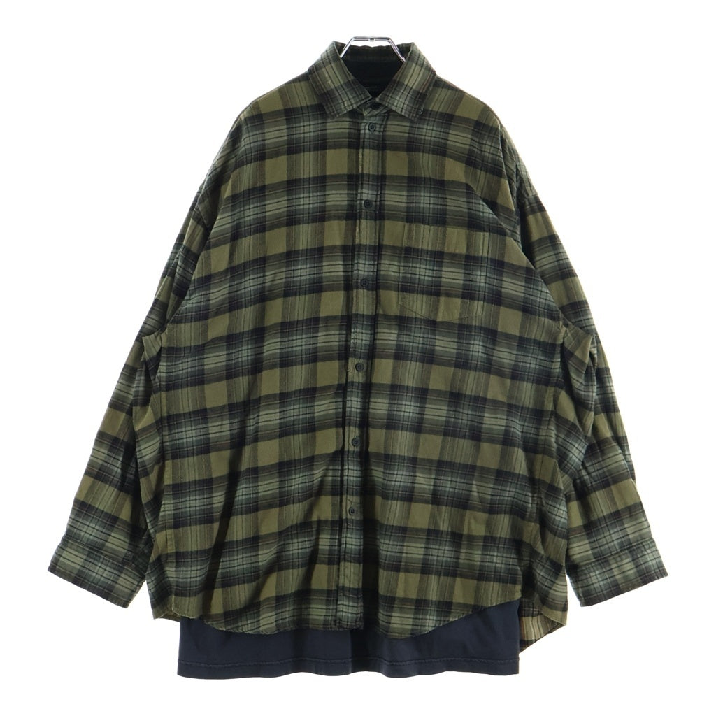 BALENCIAGA(バレンシアガ) 24AW PARIS LIBERTY L/S LAYERED SHIRT パリリバティー レイヤード ドッキング ヴィンテージ チェック柄長袖シャツ カーキ/ブラック 794656 TQM20