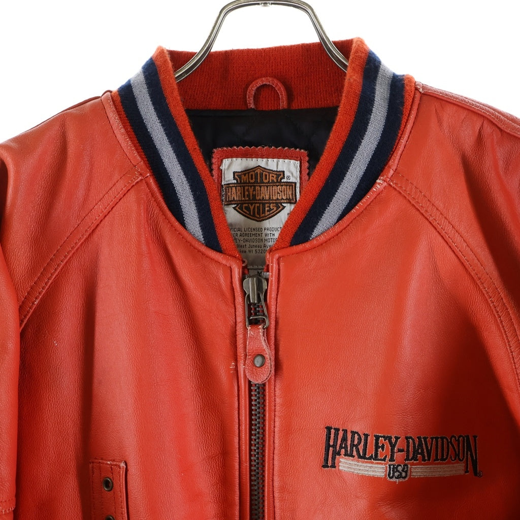 HARLEY DAVIDSON(ハーレーダビッドソン) Leather jacket フロントロゴ刺繍 ジップアップ レザージャケット レッド
