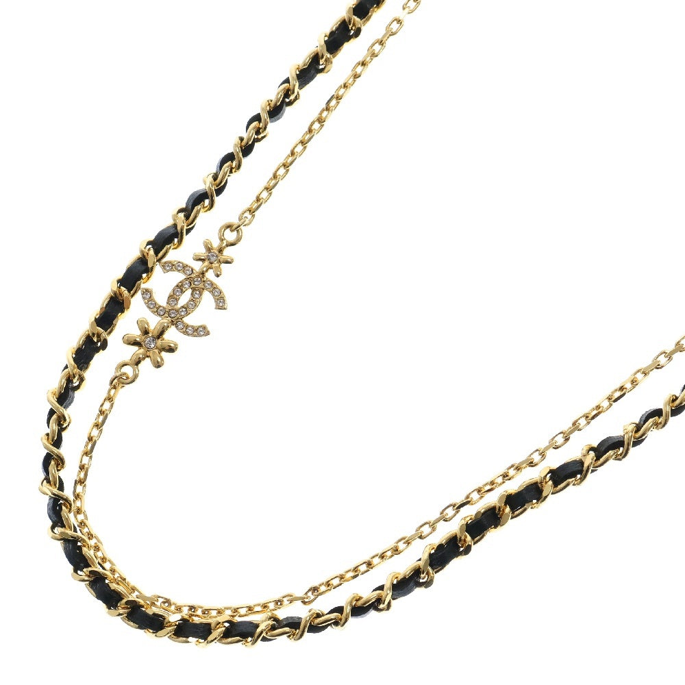 CHANEL(シャネル) ココマーク チェーンネックレス ラインストーン ブラック×ゴールド レザー×GP 23A
