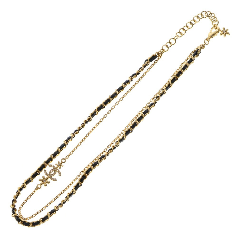 CHANEL(シャネル) ココマーク チェーンネックレス ラインストーン ブラック×ゴールド レザー×GP 23A