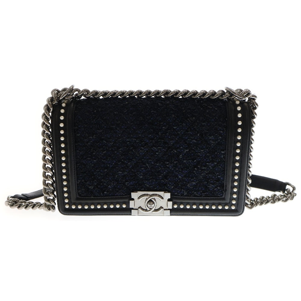CHANEL(シャネル) ボーイシャネル ツイード ショルダーバッグ パール ブラック×ネイビー レザー×ツイード シリアルシール シルバー金具