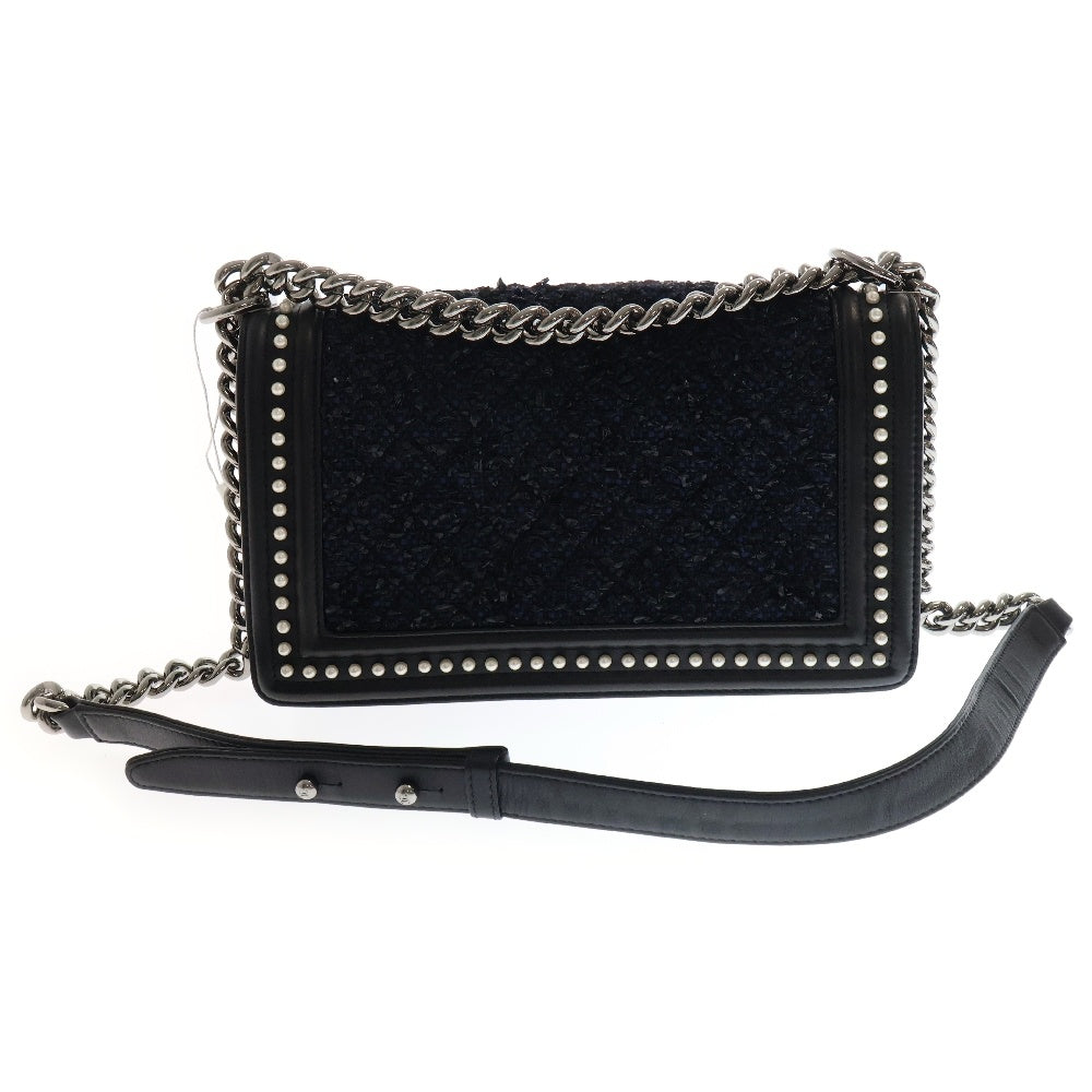 CHANEL(シャネル) ボーイシャネル ツイード ショルダーバッグ パール ブラック×ネイビー レザー×ツイード シリアルシール シルバー金具