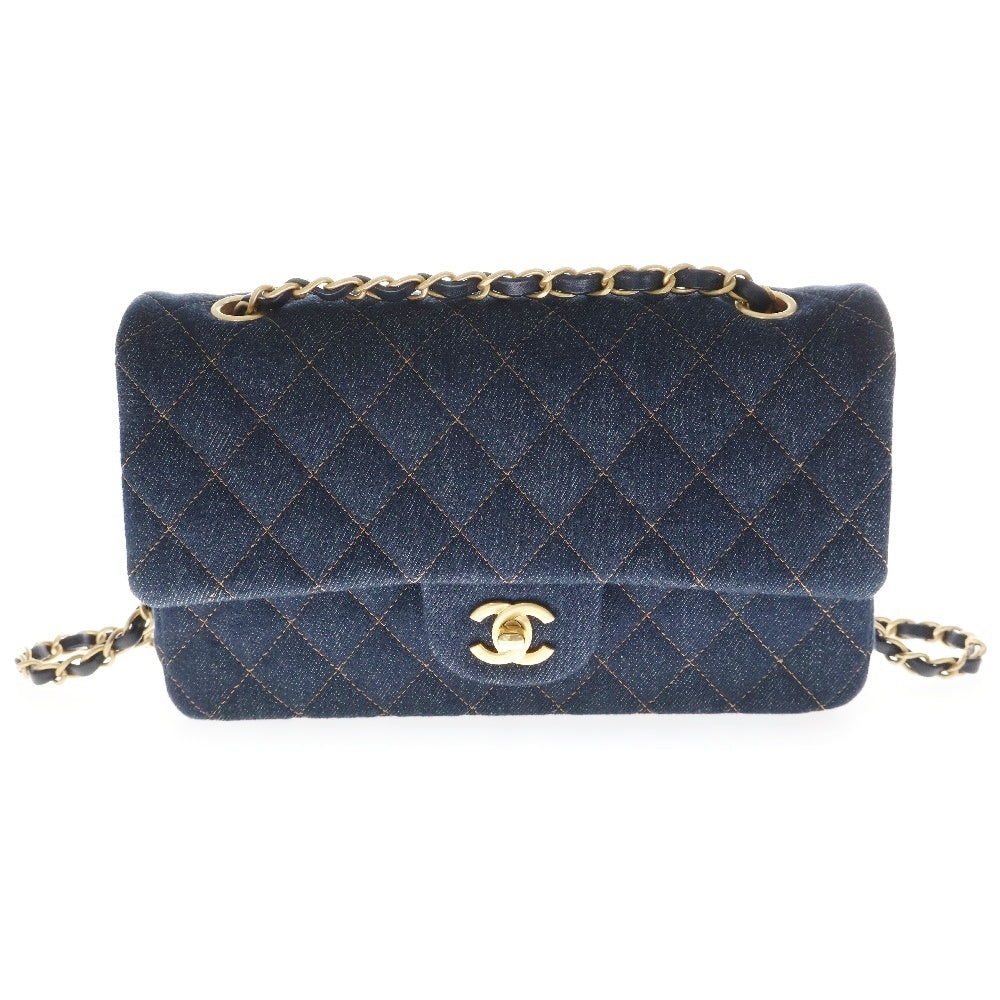 CHANEL(シャネル) マトラッセ25 デニム Wフラップ Wチェーン ネイビー ショルダーバッグ ゴールド金具 シリアルプレート