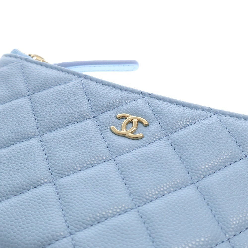 CHANEL(シャネル) マトラッセ クラシック ジップポーチ スモール キャビア ライトブルー ゴールド金具 シリアルシール