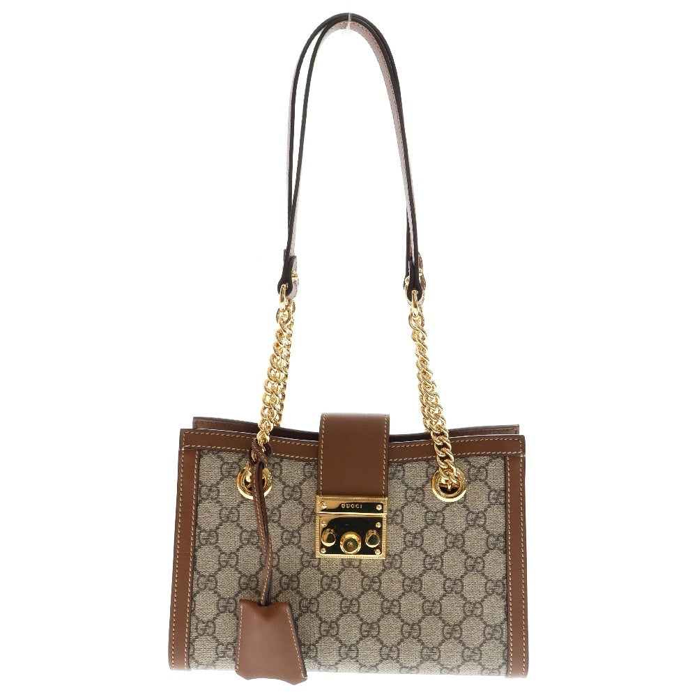 GUCCI(グッチ) GGスプリーム パドロックスモール チェーンレザーショルダーバッグ ベージュ×ブラウン 498156