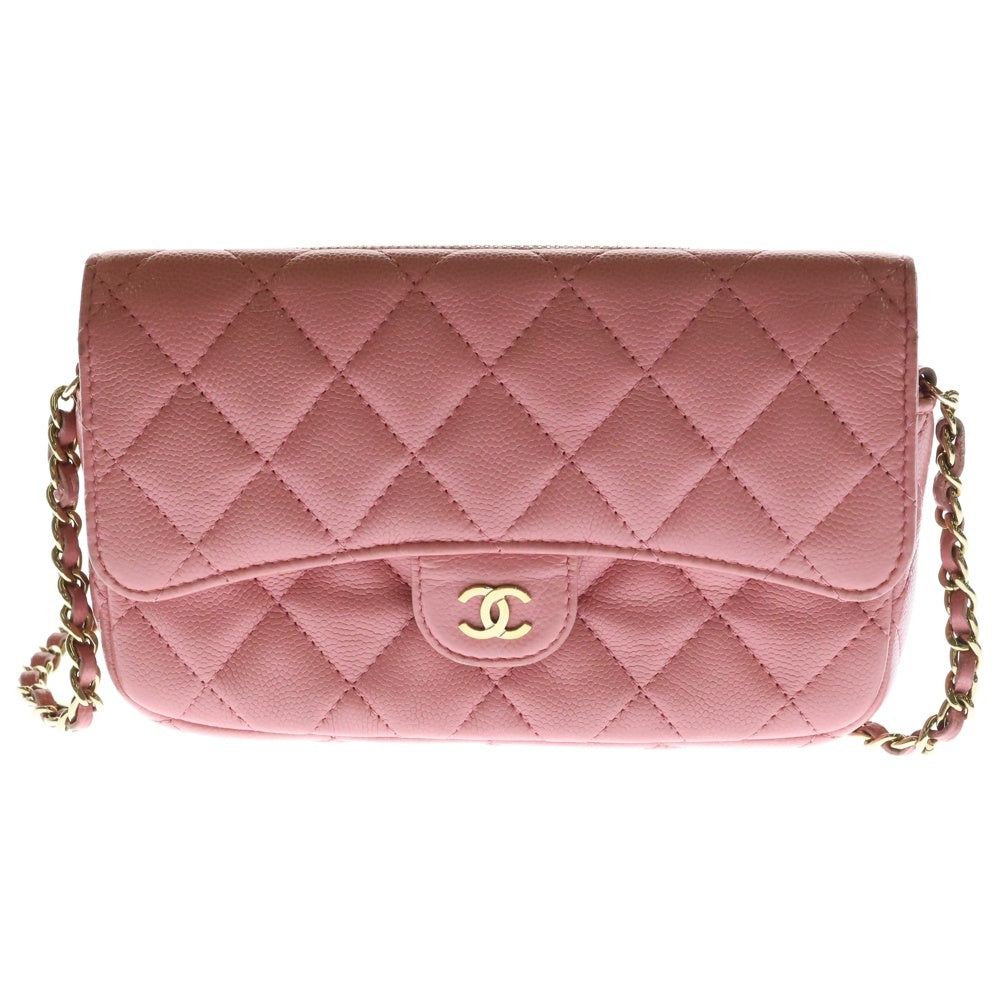 CHANEL(シャネル) マトラッセ フォンケース チェーンウォレット ショルダーバッグ キャビアスキン ゴールド金具 ピンク AP2096