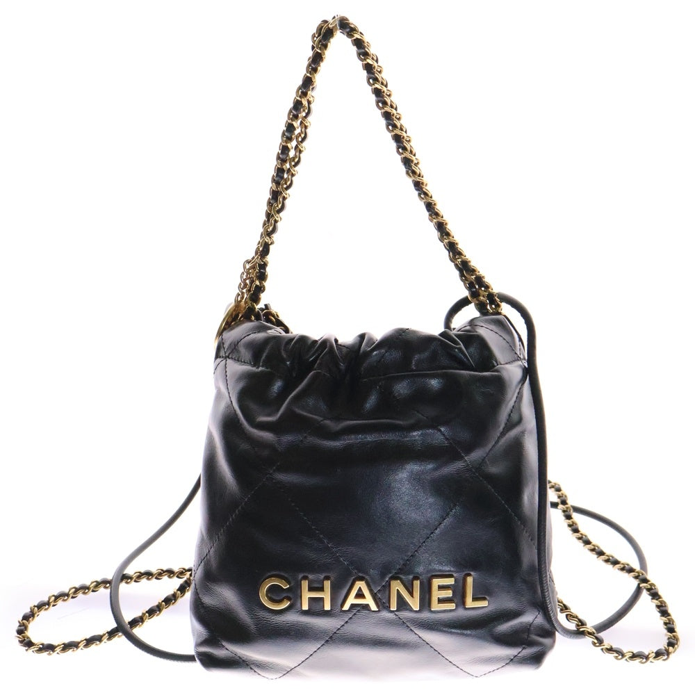 CHANEL(シャネル) シャネル22 ミニ ショルダーバッグ チェーンバッグ ブラック ゴールド金具 シャイニーカーフスキン プレートシリアル