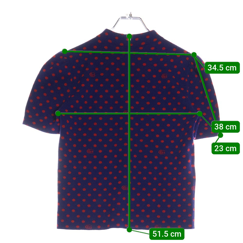 GUCCI(グッチ) GG ドット総柄 モックネック パフスリーブ 半袖 ニット セーター ネイビー/レッド レディース 623606 XKBDJ