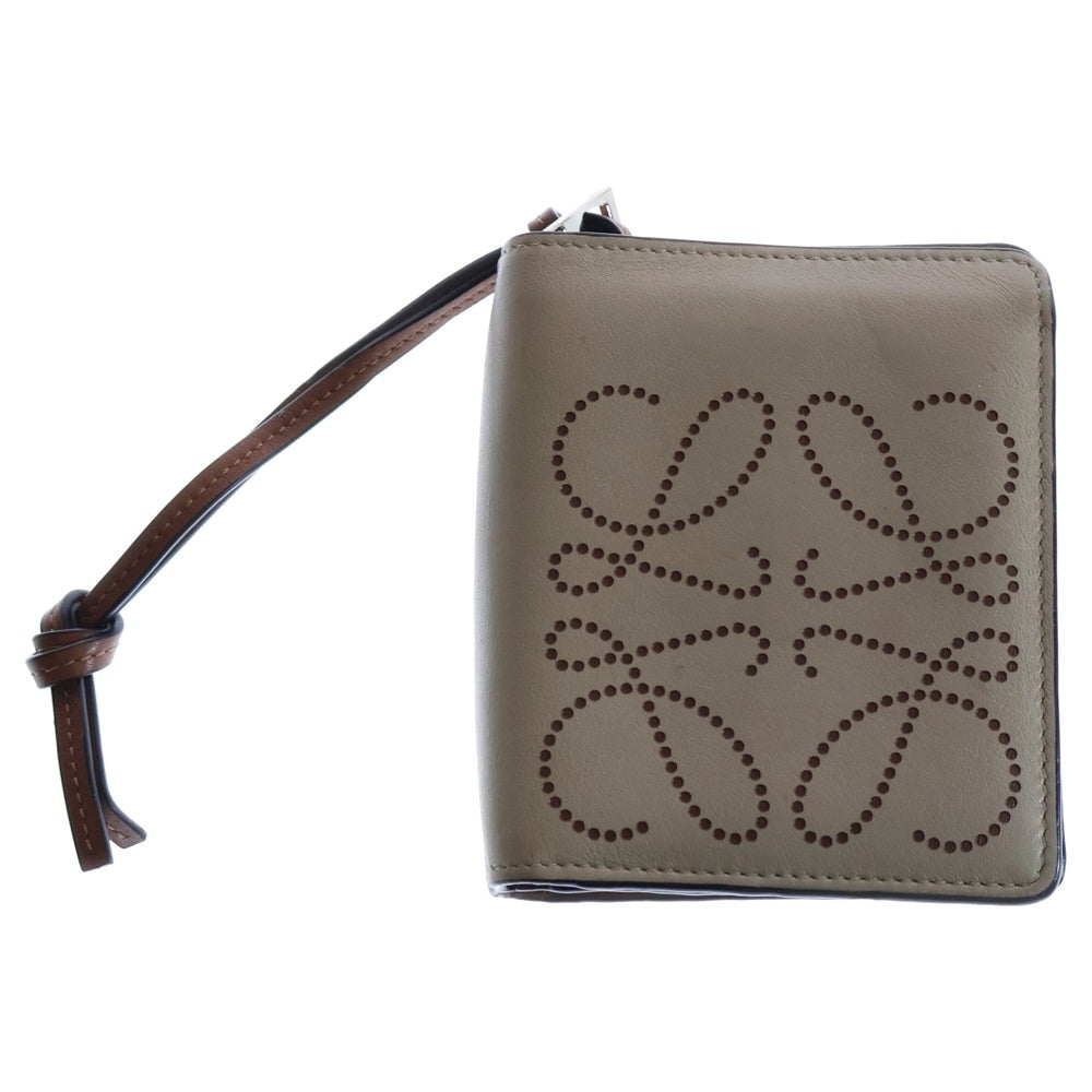 LOEWE(ロエベ) アナグラム コンパクトジップウォレット コインケース 三つ折り財布 シルバー金具 ベージュ×ブラウン レザー