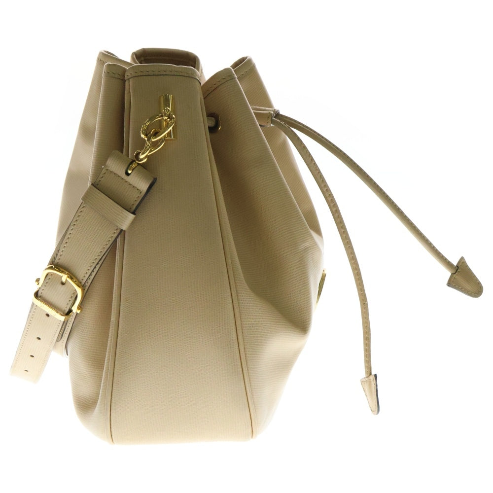 CELINE(セリーヌ) サークルロゴプレート レザー バケット 巾着 ワンショルダーバッグ ゴールド金具 ベージュ