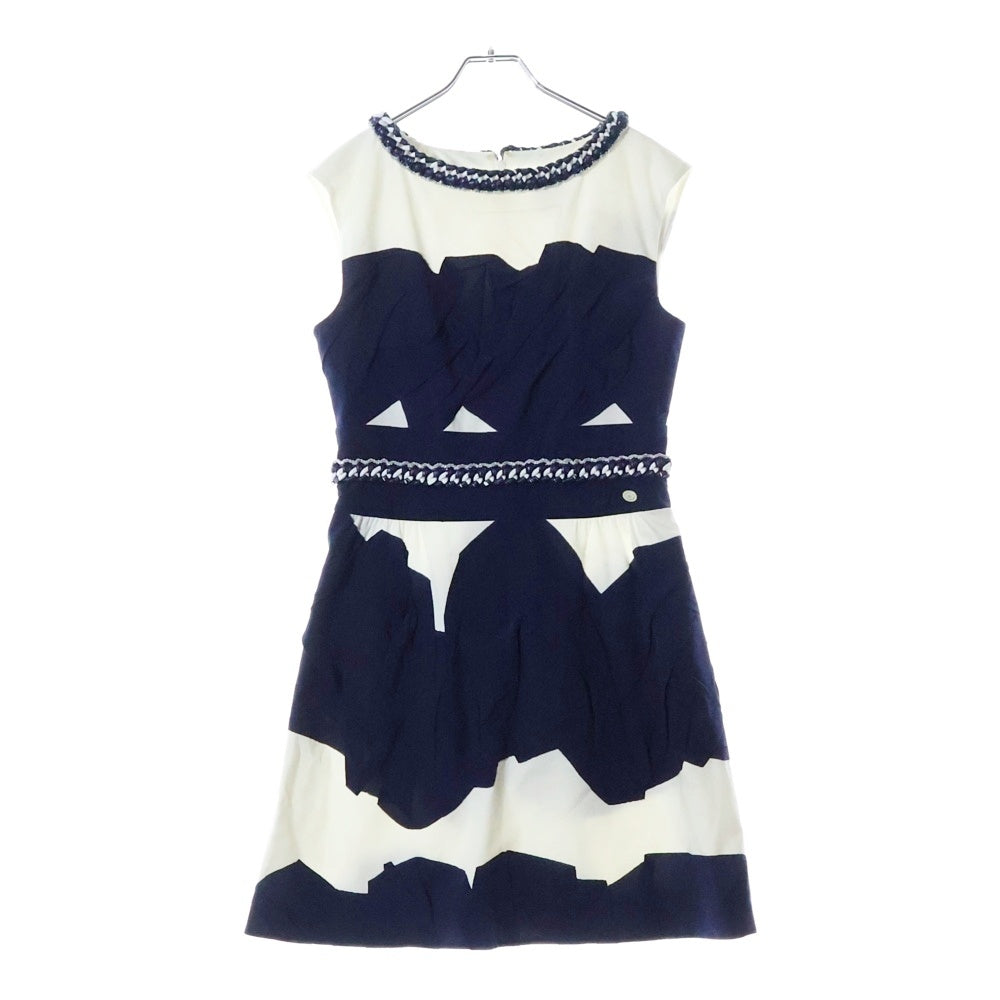 CHANEL(シャネル) シルク コットン ココマークボタン チェーンデザイン ノースリーブ ワンピース ドレス ネイビー/ホワイト レディース P47919W05472