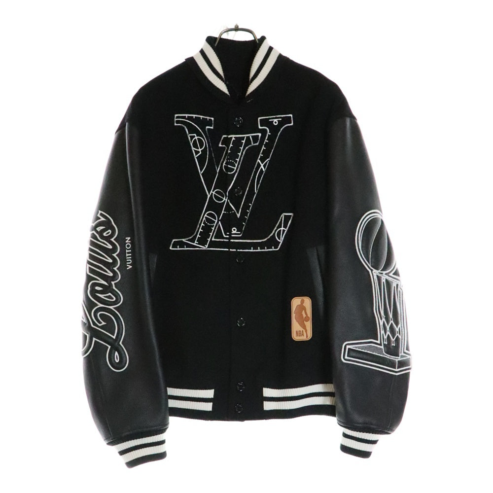 LOUIS VUITTON(ルイヴィトン) 21AW ×NBA LVロゴ刺繍 ウール レザー バスケットボール ジャケット スタジャン ブルゾン ブラック RM212M MJY HLL02E