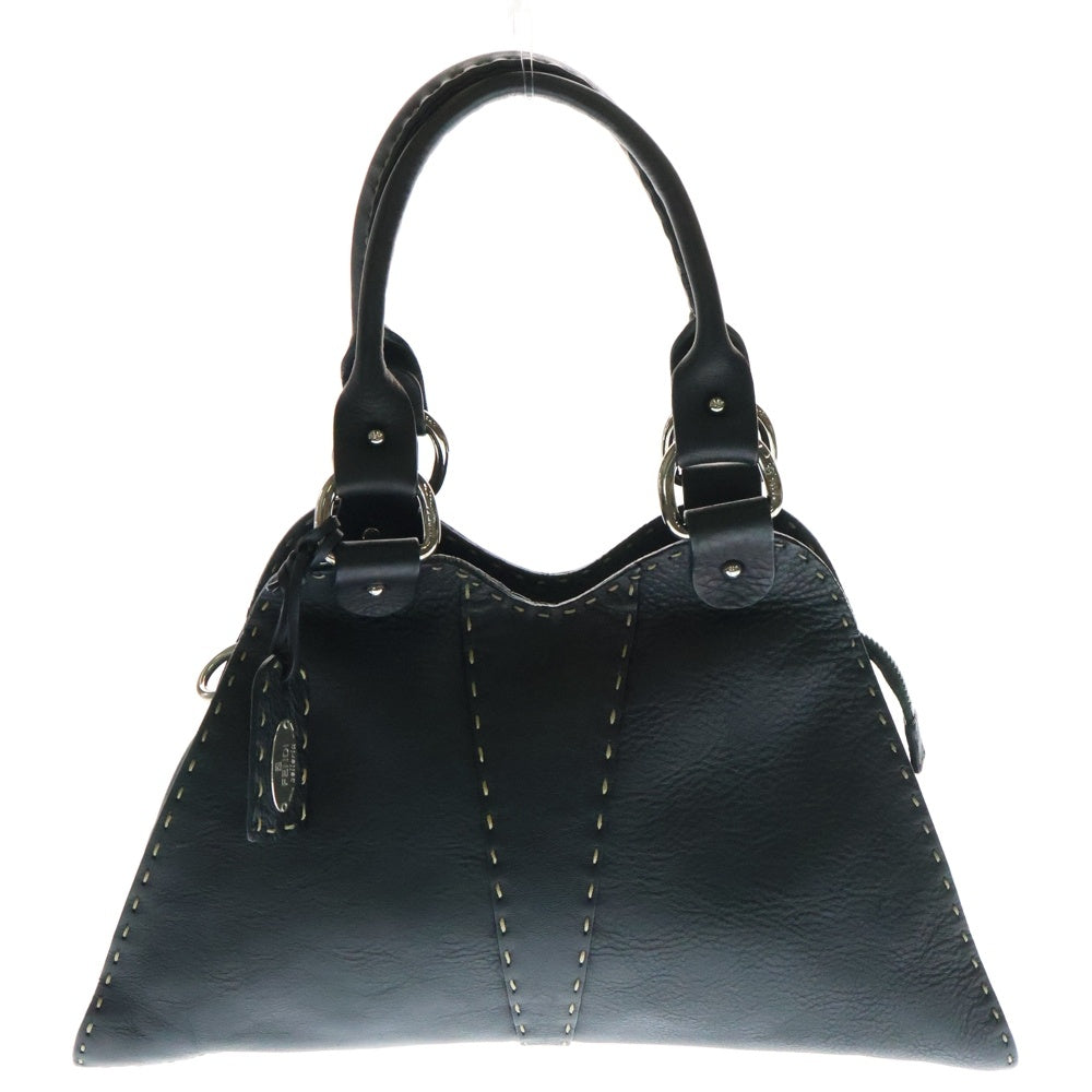 FENDI(フェンディ) SELLERIA セレリア メタルロゴプレート レザー ハンドバッグ シルバー金具 ブラック レディース 8BR264