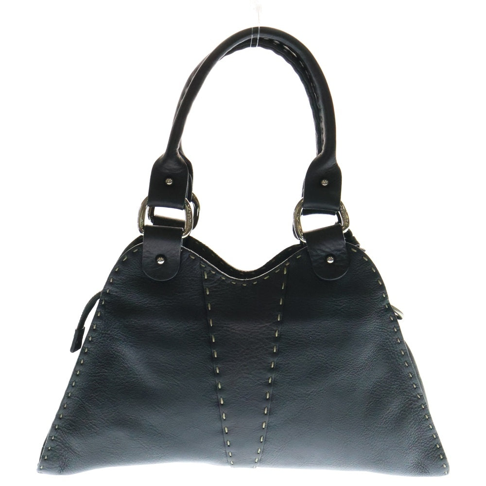 FENDI(フェンディ) SELLERIA セレリア メタルロゴプレート レザー ハンドバッグ シルバー金具 ブラック レディース 8BR264