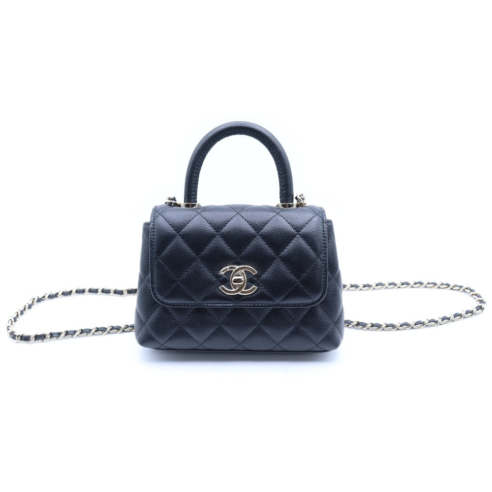 CHANEL(シャネル) マトラッセ ココハンドル ミニミニ チェーンショルダーバッグ ブラック キャビアスキン ゴールド金具
