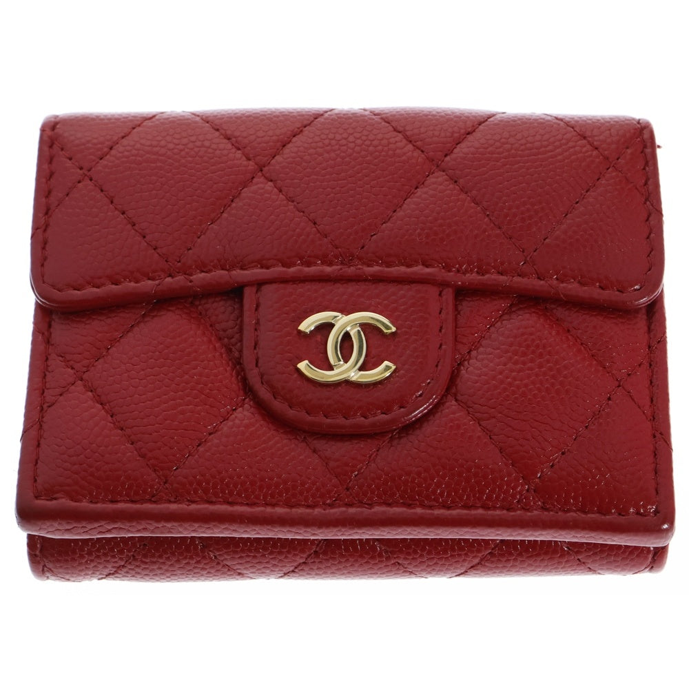 CHANEL(シャネル) マトラッセ 三つ折り財布 コンパクトウォレット コインケース レッド ゴールド金具 キャビアスキン
