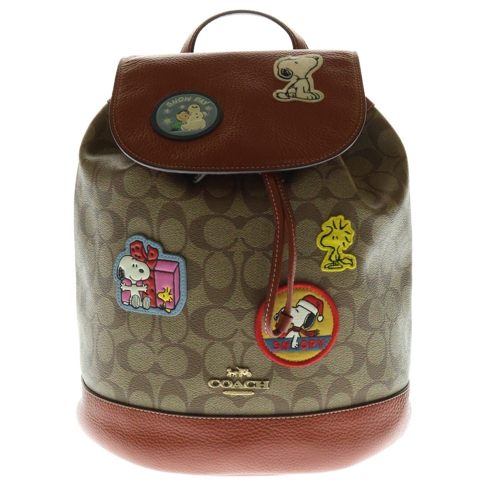COACH(コーチ) スヌーピーコラボ リュックサック バックパック ベージュ×オレンジ ゴールド金具 PVC×レザー