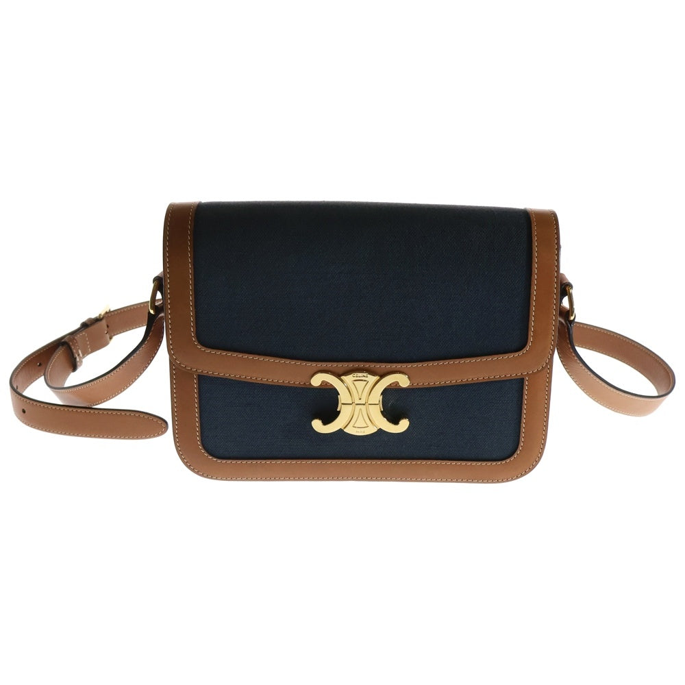 CELINE(セリーヌ) クラシックトリオンフ ロゴプレート キャンバス レザー ショルダーバッグ ゴールド金具 ネイビー/ブラウン 191242