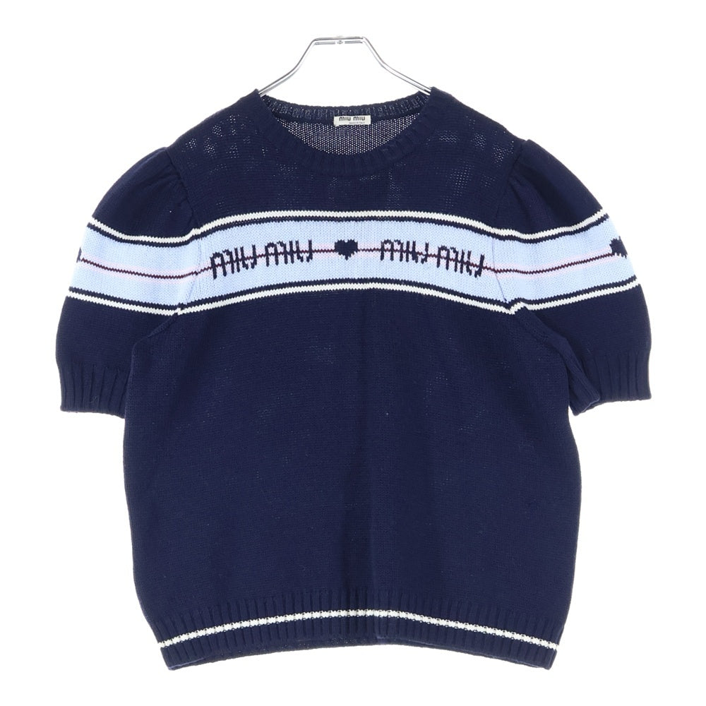miumiu(ミュウミュウ) 17AW ロゴジャガード ハート クルーネック パフスリーブ 半袖ニット セーター ネイビー レディース MML037
