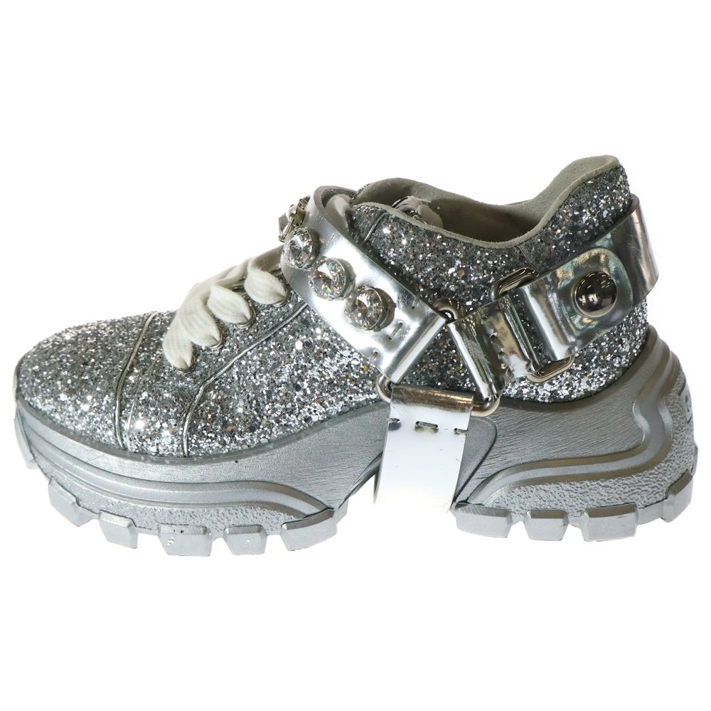 miumiu(ミュウミュウ) ラメグリッター ビジュー装飾 ハーネス レザー レースアップ ローカットシューズ スニーカー シルバー レディース