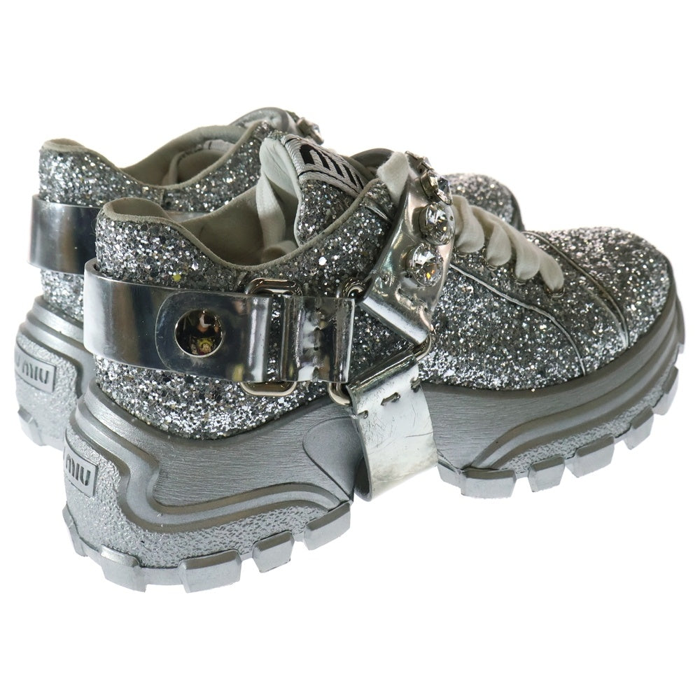 MIUMIU ビジューオープントゥバレーシューズ シルバー 361/2 23.5 ◇MiuMiu 24SS最新作◇レザー◇レースダービーシューズ◇White