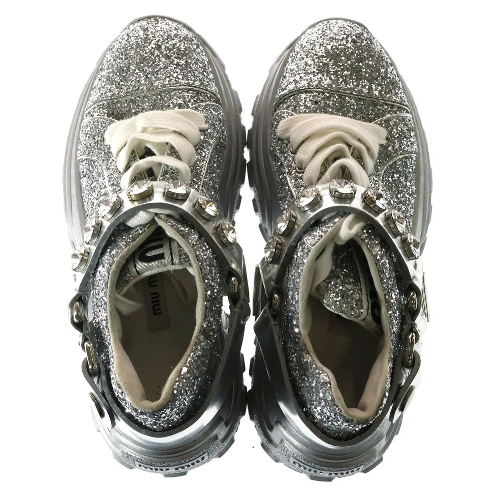 miumiu(ミュウミュウ) ラメグリッター ビジュー装飾 ハーネス レザー レースアップ ローカットシューズ スニーカー シルバー レディース