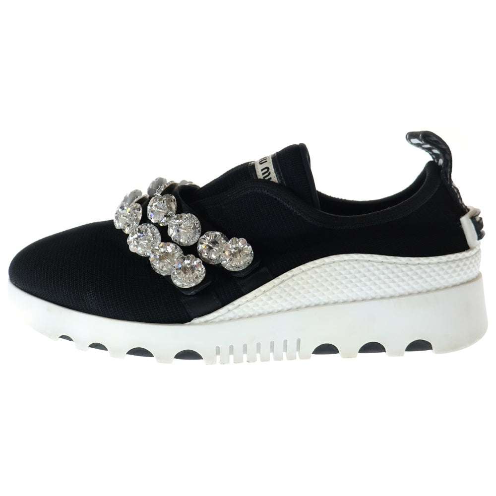 miumiu(ミュウミュウ) クリスタル ビジュー装飾 ロゴ ローカットシューズ ニット スニーカー ブラック レディース