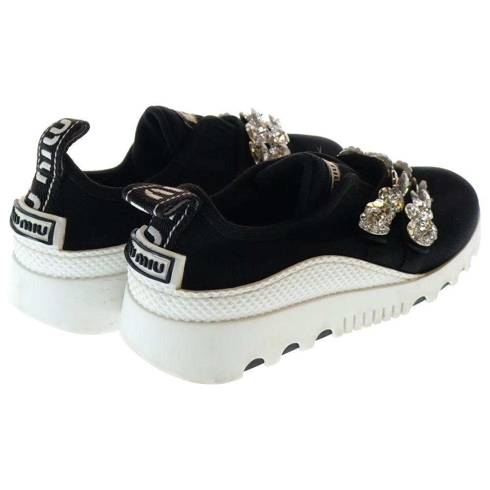 miumiu(ミュウミュウ) クリスタル ビジュー装飾 ロゴ ローカットシューズ ニット スニーカー ブラック レディース