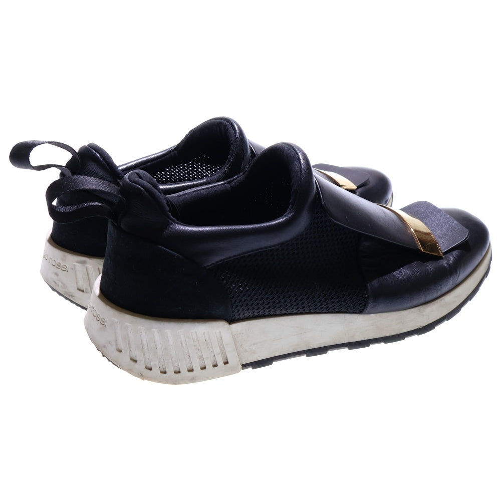 Sergio Rossi(セルジオロッシ) ロゴプレート レザー メッシュ切り替え ローカットシューズ スニーカー ゴールド金具 ブラック レディース