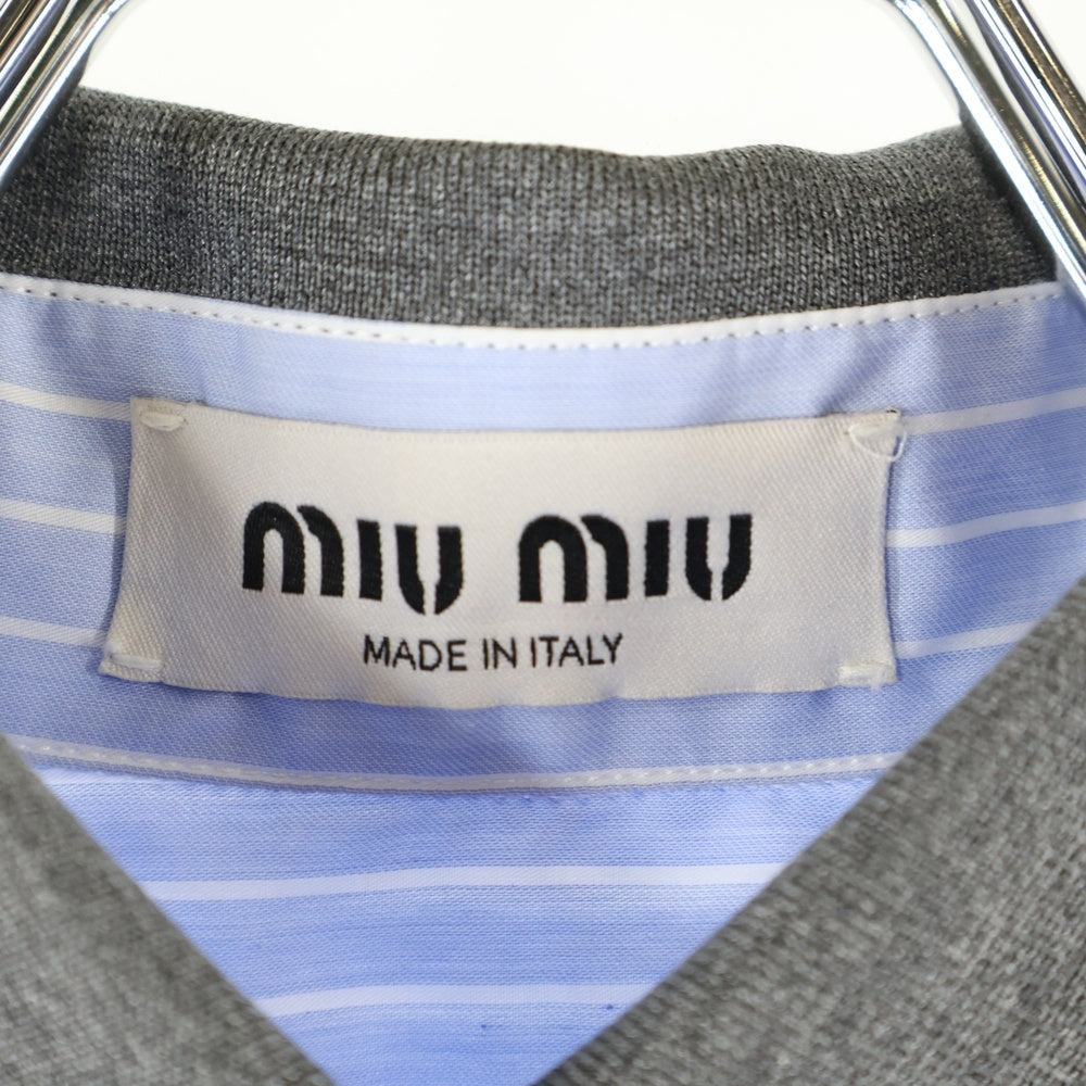 miumiu(ミュウミュウ) 24SS ロゴ刺繍 ストライプ総柄 カットオフ クロップド ショート丈 長袖シャツ ライトブルー/グレー レディース MK1694